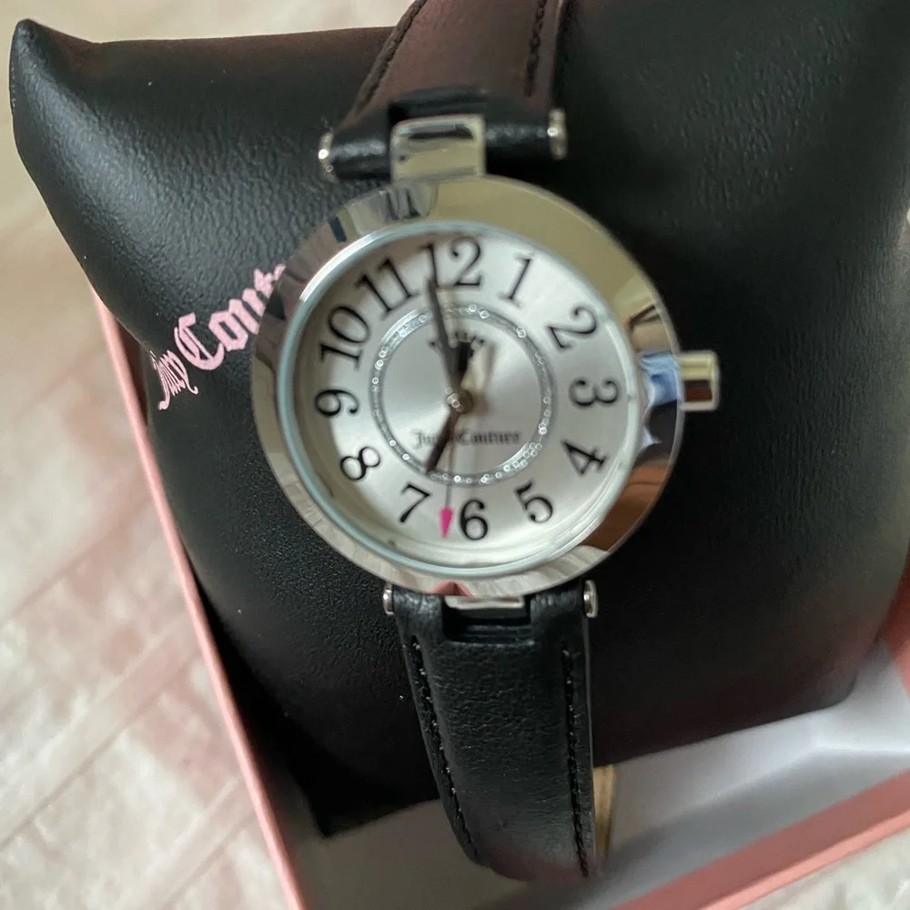 JUICY COUTURE BLACK GENUINE LEATHER STRAP WATCH MSRP 145.00 NWT